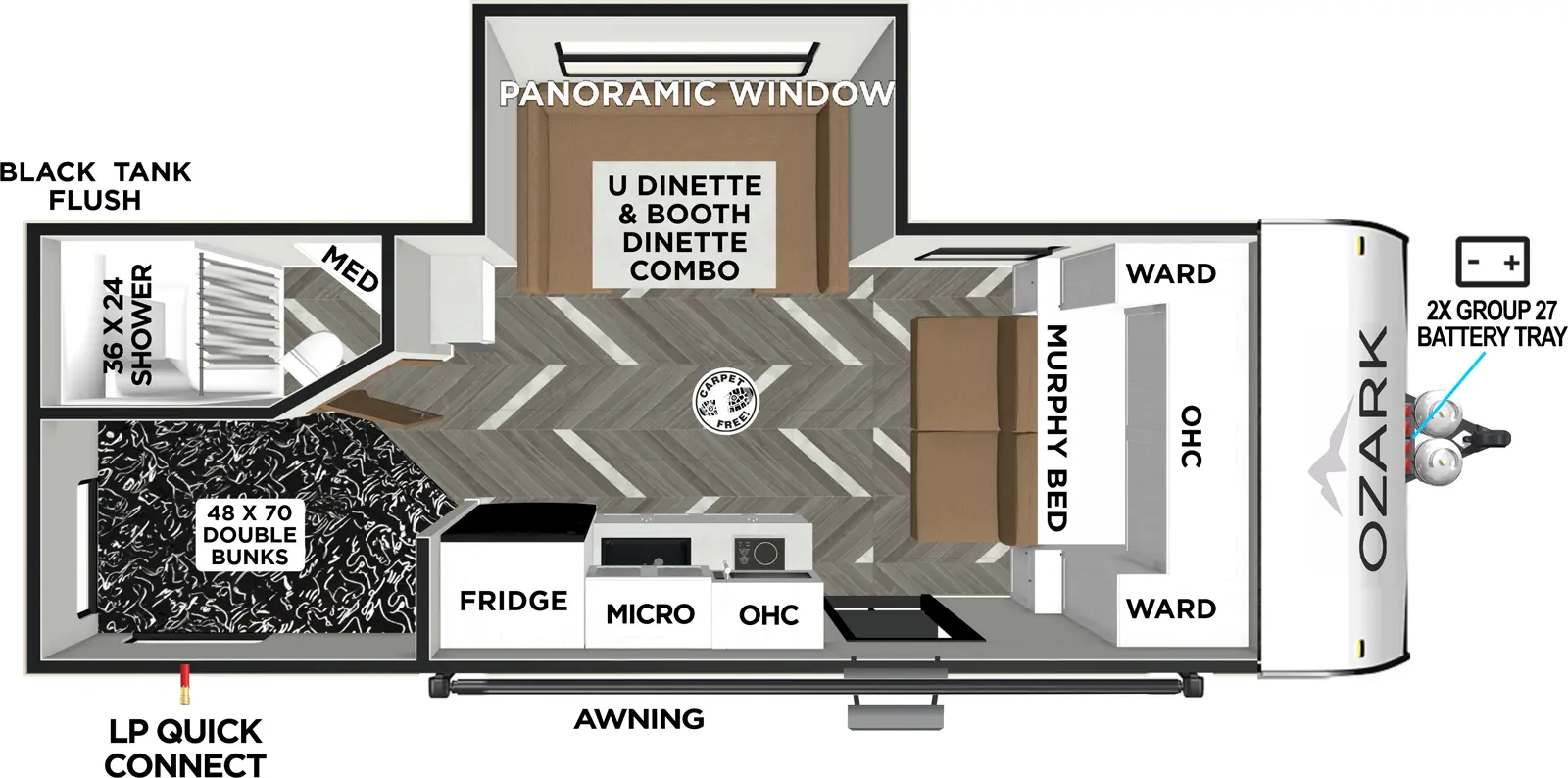 The Ozark 1680BSK floorplan has one entry and one slide out. Exterior features include: fiberglass exterior and 14' awning. Interiors features include: bunk beds, u-dinette and murphy bed.